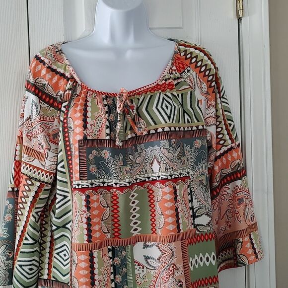 Tacera BoHo Multicolored Patterned Bell Sleeve Blouse Size M - Picture 3 of 5
